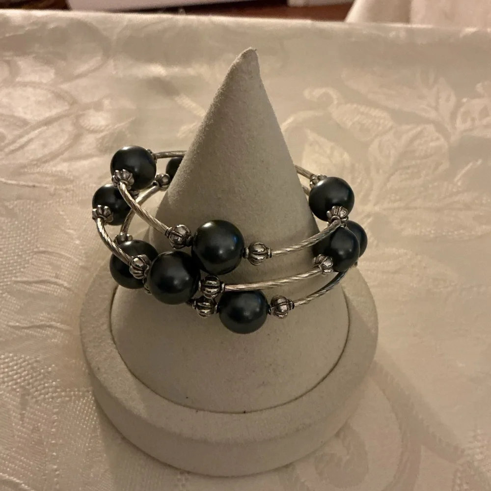 Gray Faux Pearl Silver Tone Coil Bracelet